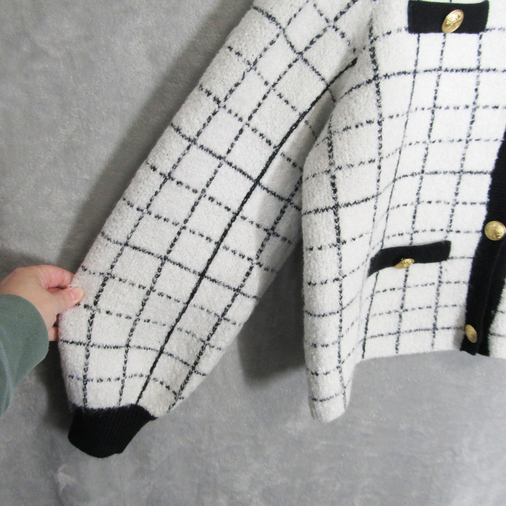 Marled Size XL Boucle Cardigan Jacket Black White Grid Gold Button Fuzzy Soft - Picture 3 of 11